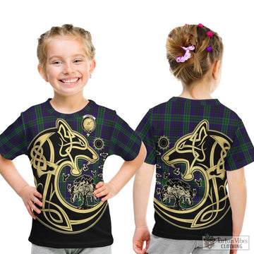 Lumsden Green Tartan Kid T-Shirt with Family Crest Celtic Wolf Style