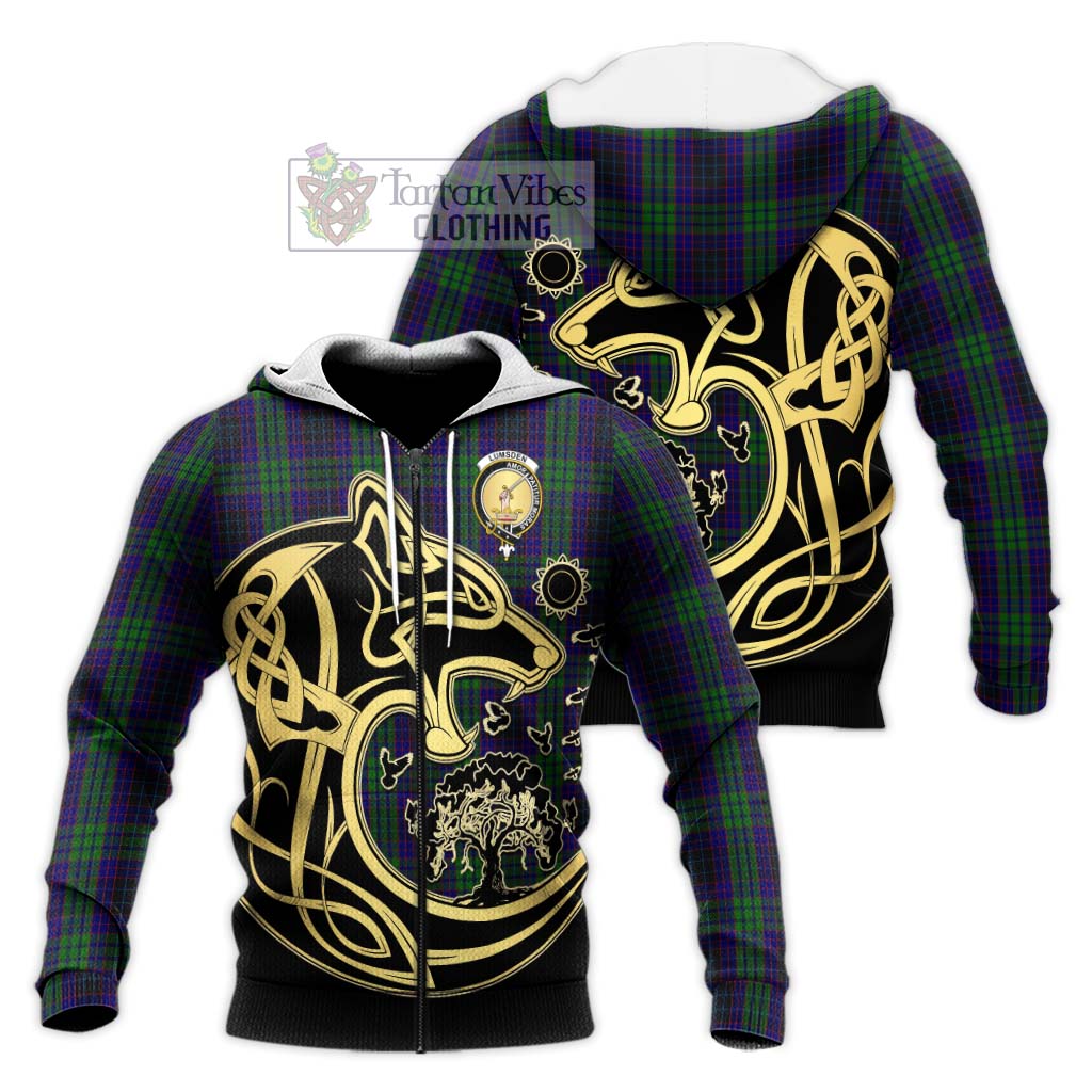 Tartan Vibes Clothing Lumsden Green Tartan Knitted Hoodie with Family Crest Celtic Wolf Style