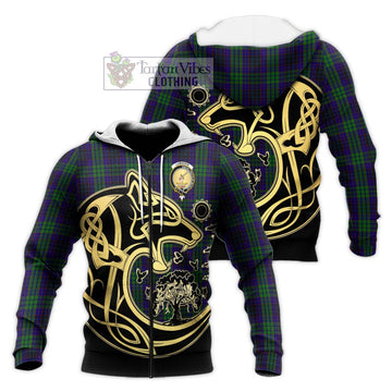Lumsden Green Tartan Knitted Hoodie with Family Crest Celtic Wolf Style