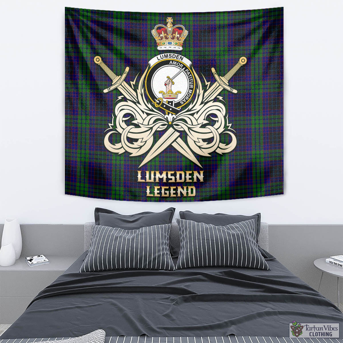 Tartan Vibes Clothing Lumsden Green Tartan Tapestry with Clan Crest and the Golden Sword of Courageous Legacy