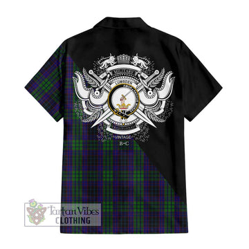 Lumsden Green Tartan Short Sleeve Button Shirt with Family Crest and Military Logo Style