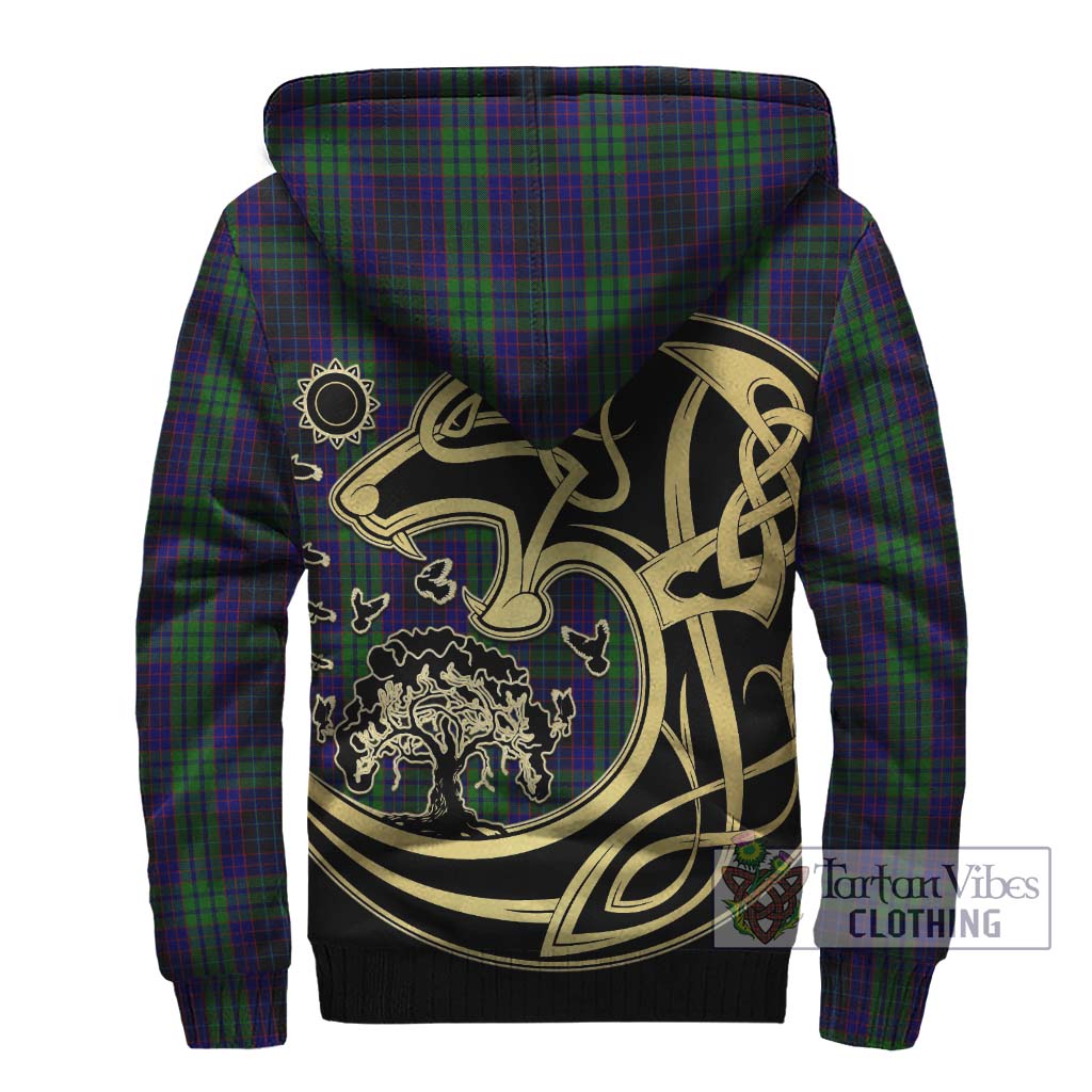 Tartan Vibes Clothing Lumsden Green Tartan Sherpa Hoodie with Family Crest Celtic Wolf Style