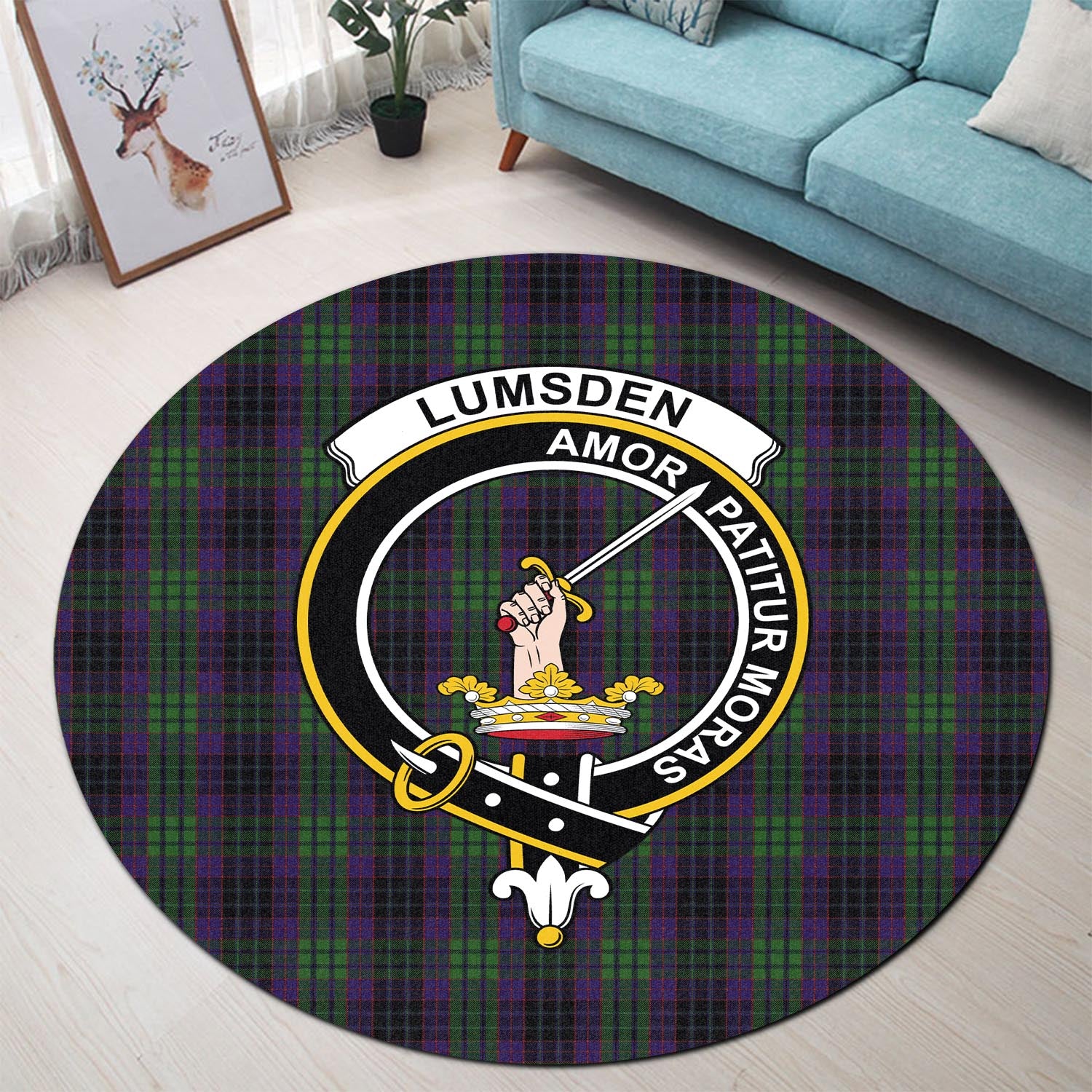 lumsden-green-tartan-round-rug-with-family-crest