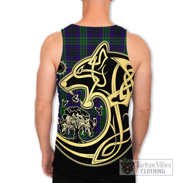 Lumsden Green Tartan Men's Tank Top with Family Crest Celtic Wolf Style