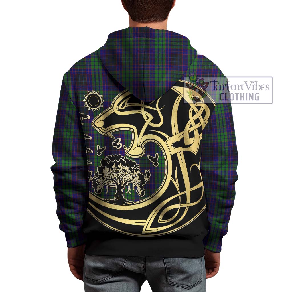 Tartan Vibes Clothing Lumsden Green Tartan Hoodie with Family Crest Celtic Wolf Style