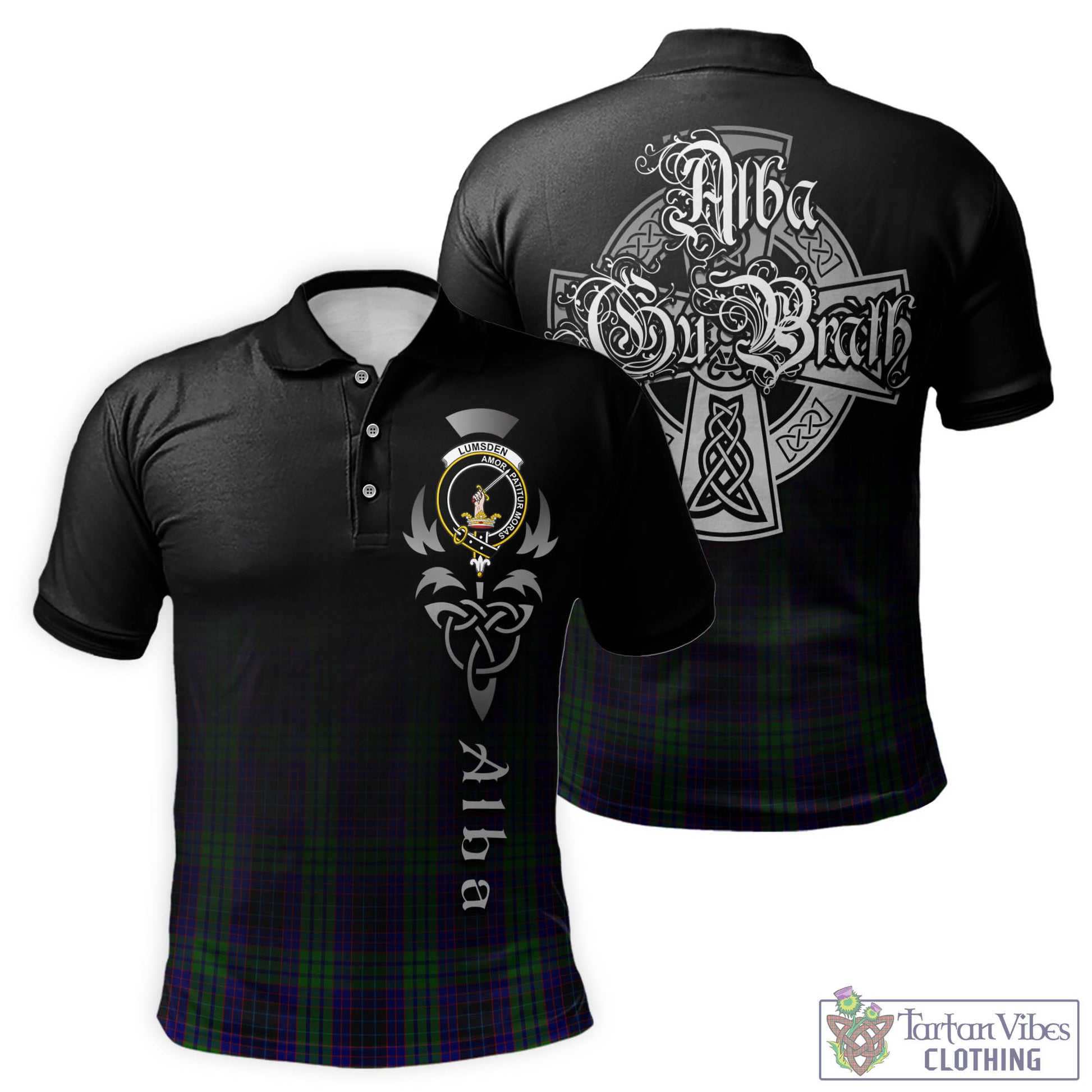 Tartan Vibes Clothing Lumsden Green Tartan Polo Shirt Featuring Alba Gu Brath Family Crest Celtic Inspired