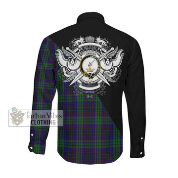 Lumsden Green Tartan Long Sleeve Button Shirt with Family Crest and Military Logo Style