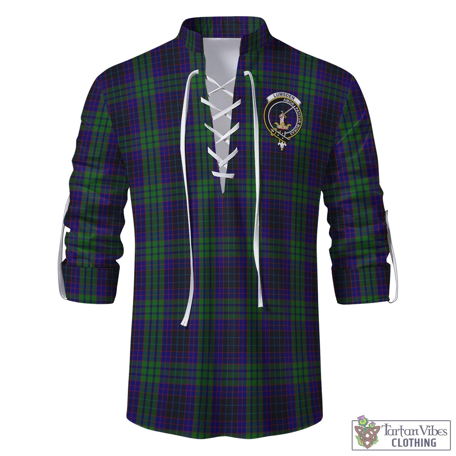 Tartan Vibes Clothing Lumsden Green Tartan Men's Scottish Traditional Jacobite Ghillie Kilt Shirt with Family Crest
