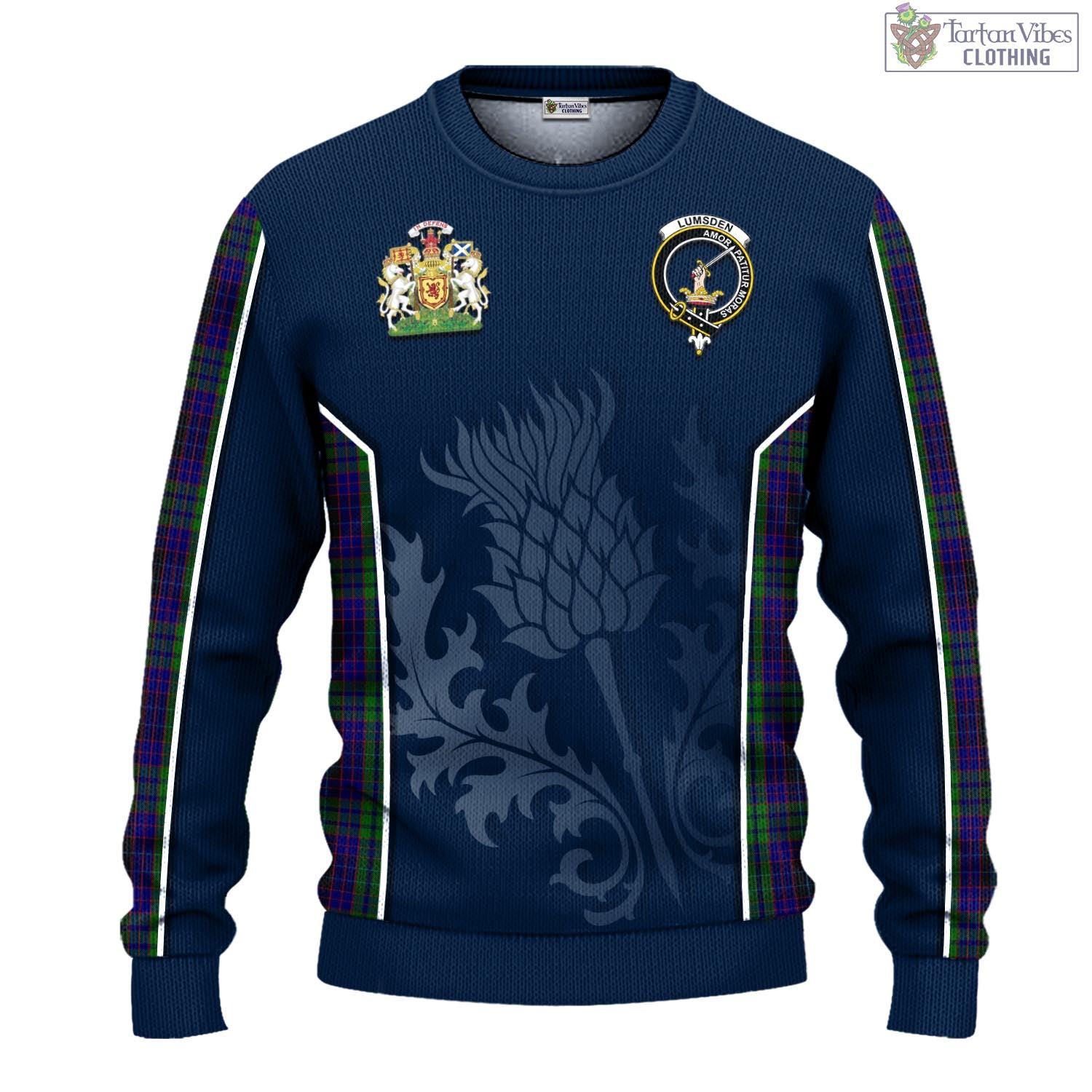 Tartan Vibes Clothing Lumsden Green Tartan Knitted Sweatshirt with Family Crest and Scottish Thistle Vibes Sport Style