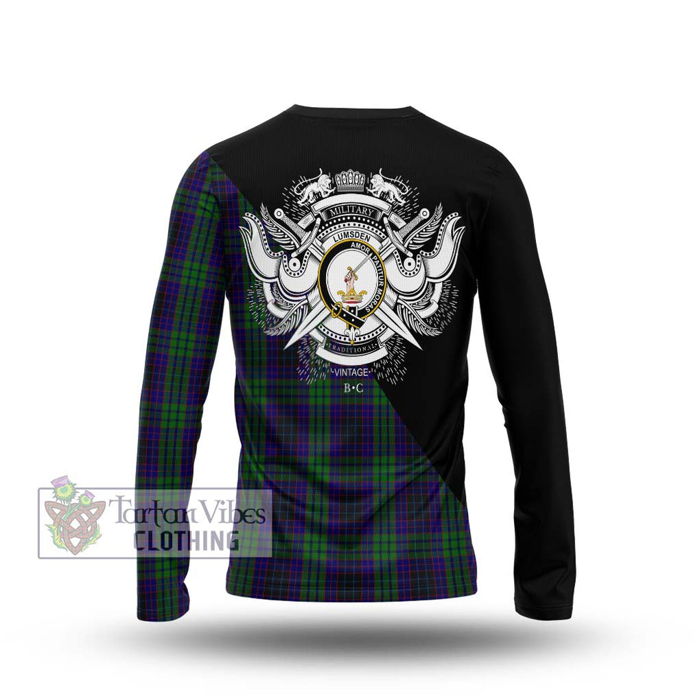 Lumsden Green Tartan Long Sleeve T-Shirt with Family Crest and Military Logo Style - Tartanvibesclothing Shop