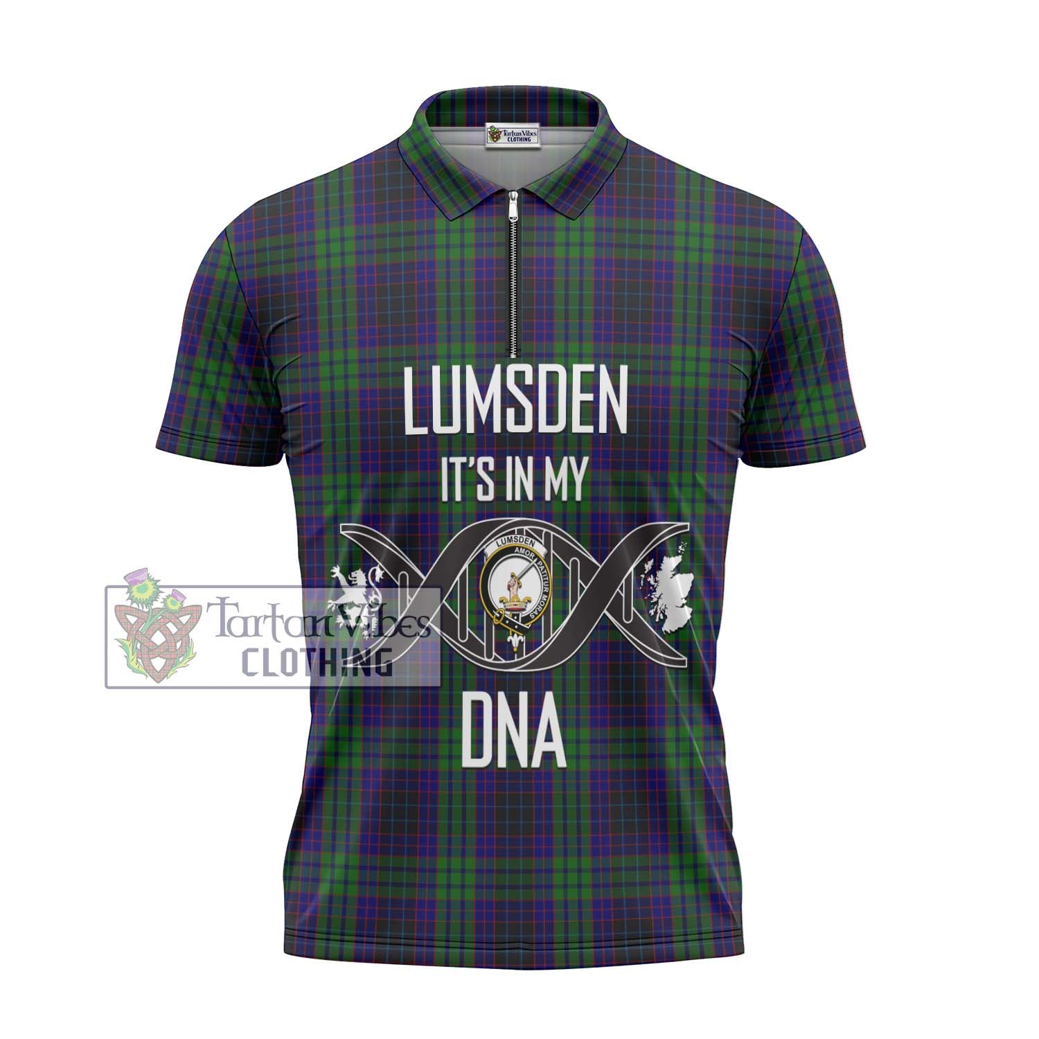 Tartan Vibes Clothing Lumsden Green Tartan Zipper Polo Shirt with Family Crest DNA In Me Style