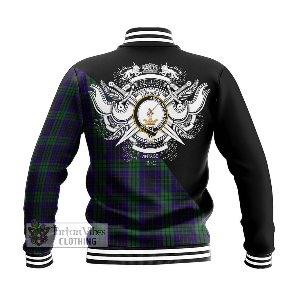 Lumsden Green Tartan Baseball Jacket with Family Crest and Military Logo Style - Tartanvibesclothing Shop