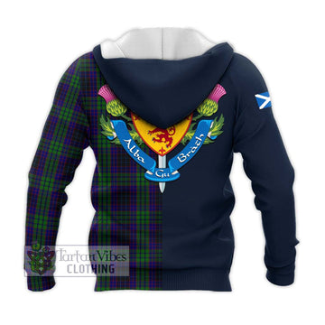 Lumsden Green Tartan Knitted Hoodie Alba with Scottish Lion Royal Arm Half Style