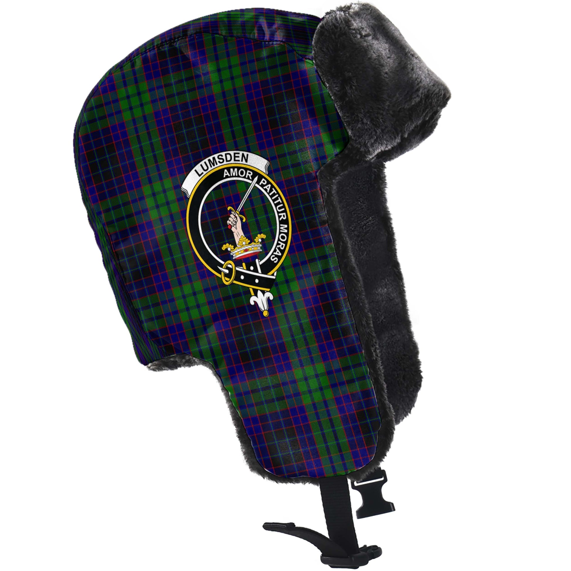 Lumsden Green Tartan Winter Trapper Hat with Family Crest - Tartanvibesclothing