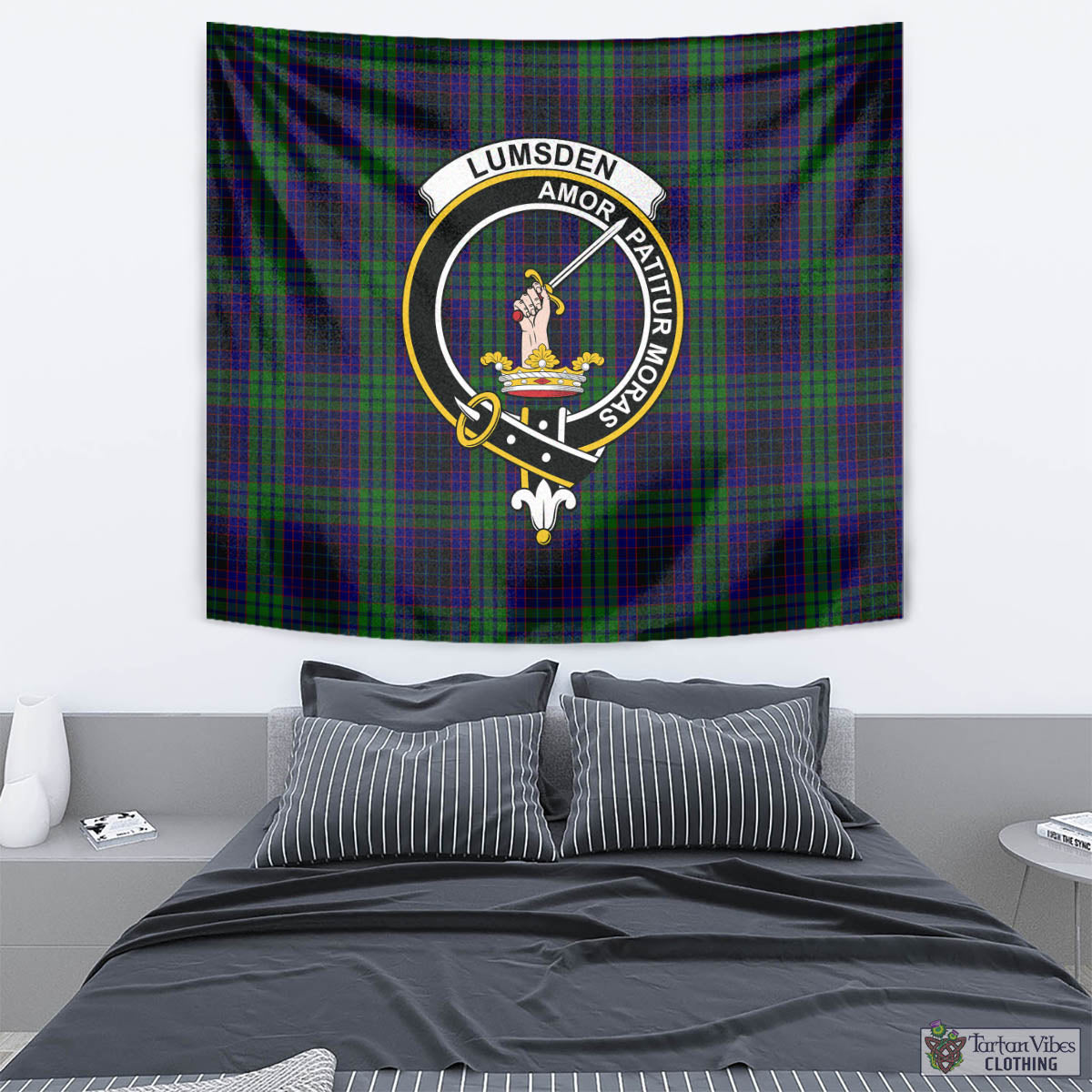 Tartan Vibes Clothing Lumsden Green Tartan Tapestry Wall Hanging and Home Decor for Room with Family Crest