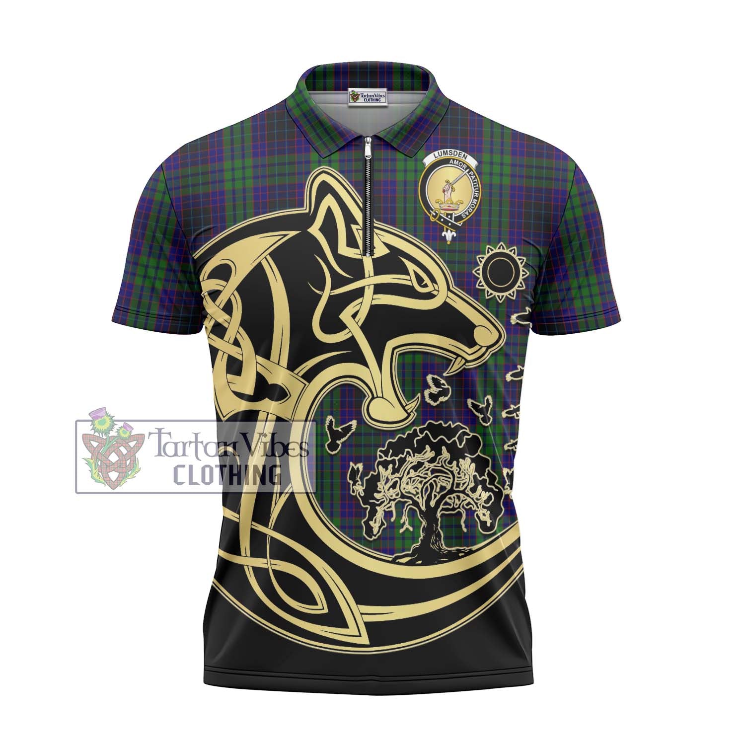 Tartan Vibes Clothing Lumsden Green Tartan Zipper Polo Shirt with Family Crest Celtic Wolf Style