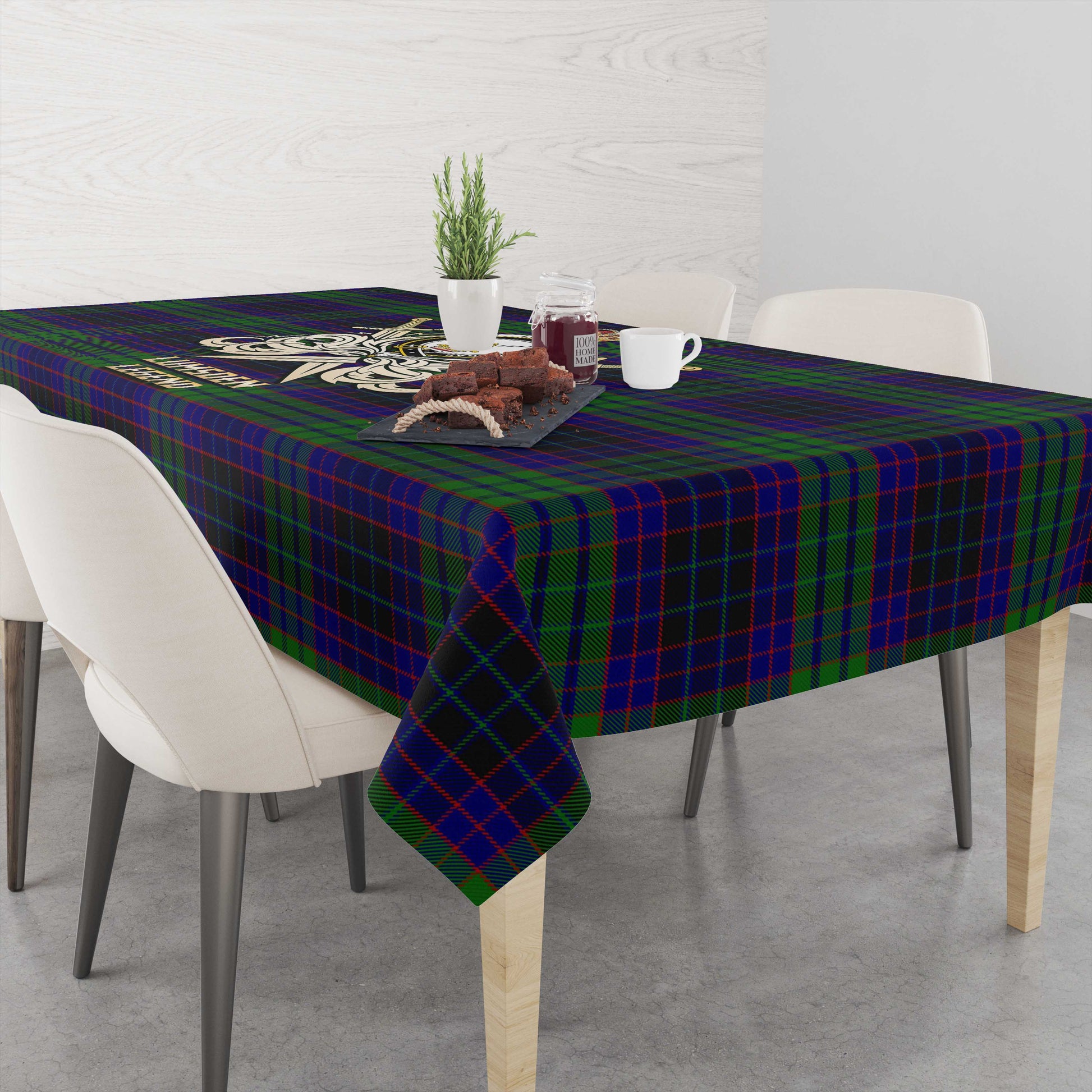 Tartan Vibes Clothing Lumsden Green Tartan Tablecloth with Clan Crest and the Golden Sword of Courageous Legacy