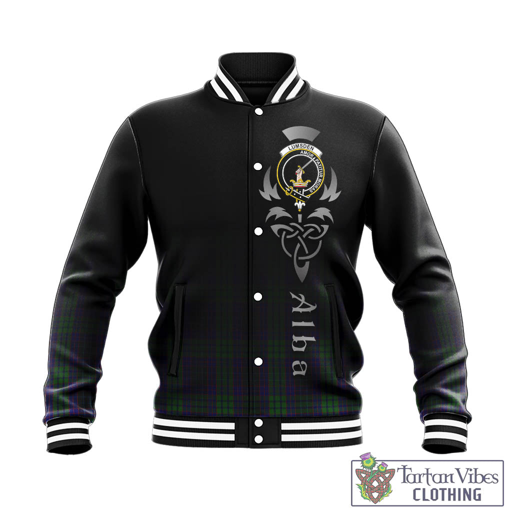 Tartan Vibes Clothing Lumsden Green Tartan Baseball Jacket Featuring Alba Gu Brath Family Crest Celtic Inspired