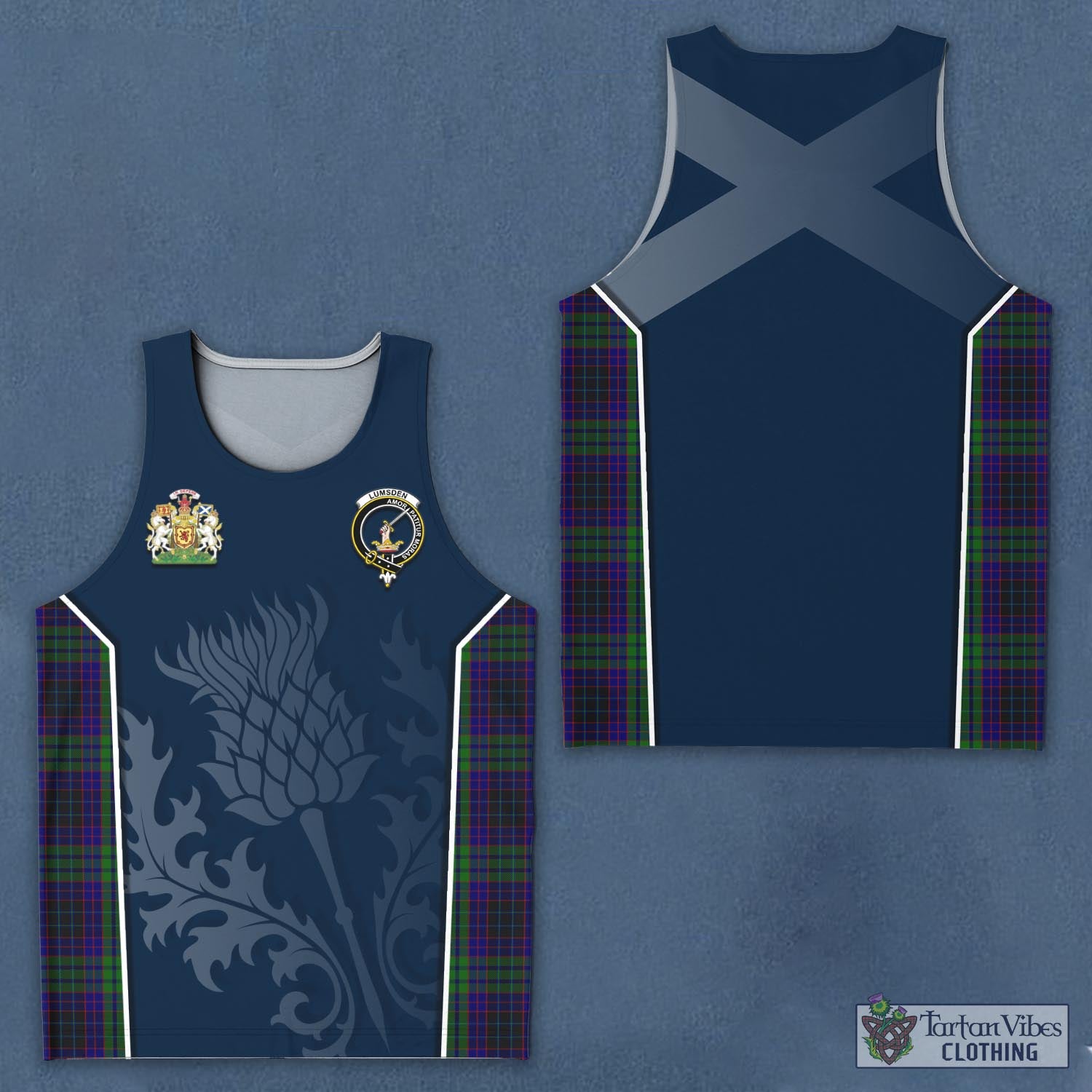 Tartan Vibes Clothing Lumsden Green Tartan Men's Tanks Top with Family Crest and Scottish Thistle Vibes Sport Style
