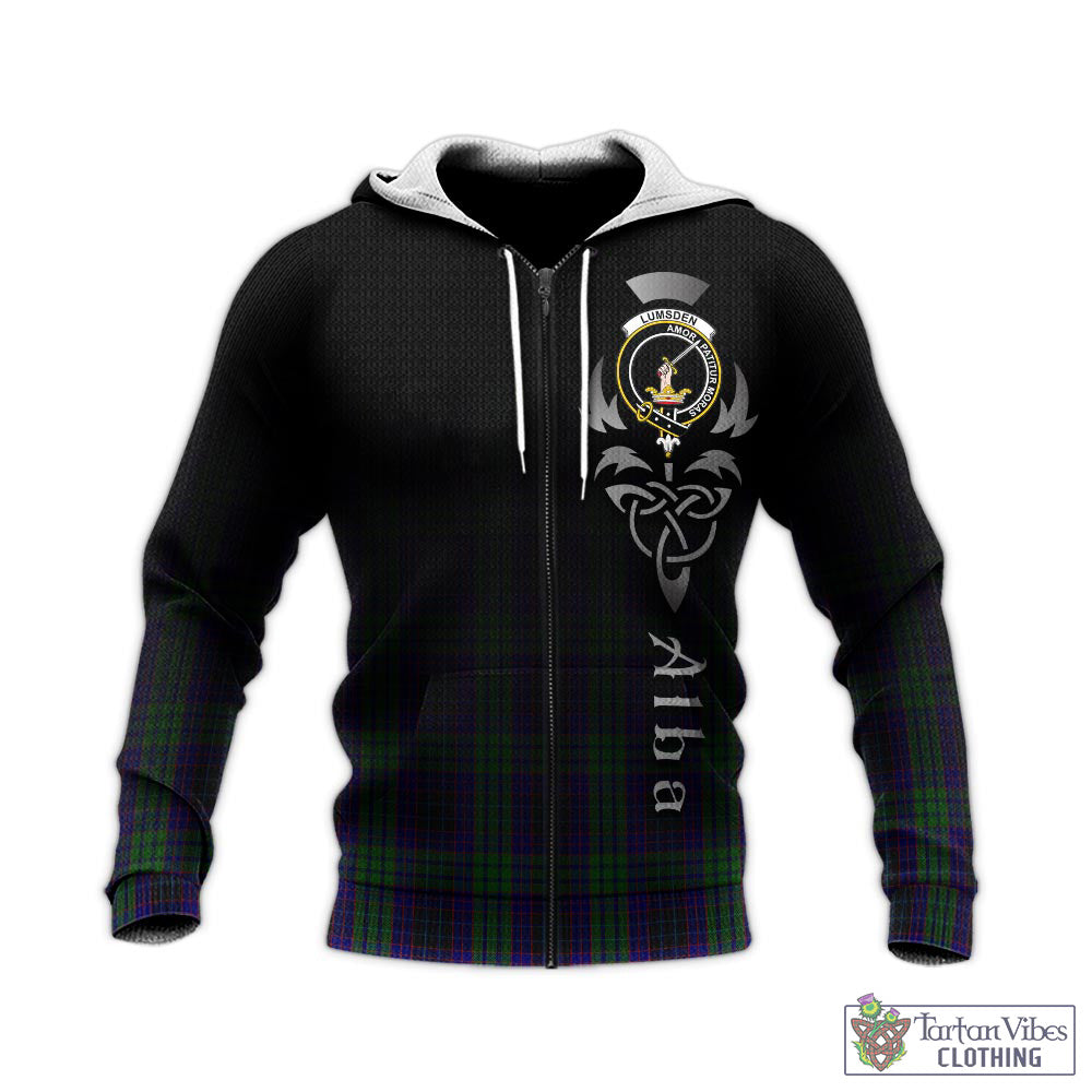 Tartan Vibes Clothing Lumsden Green Tartan Knitted Hoodie Featuring Alba Gu Brath Family Crest Celtic Inspired