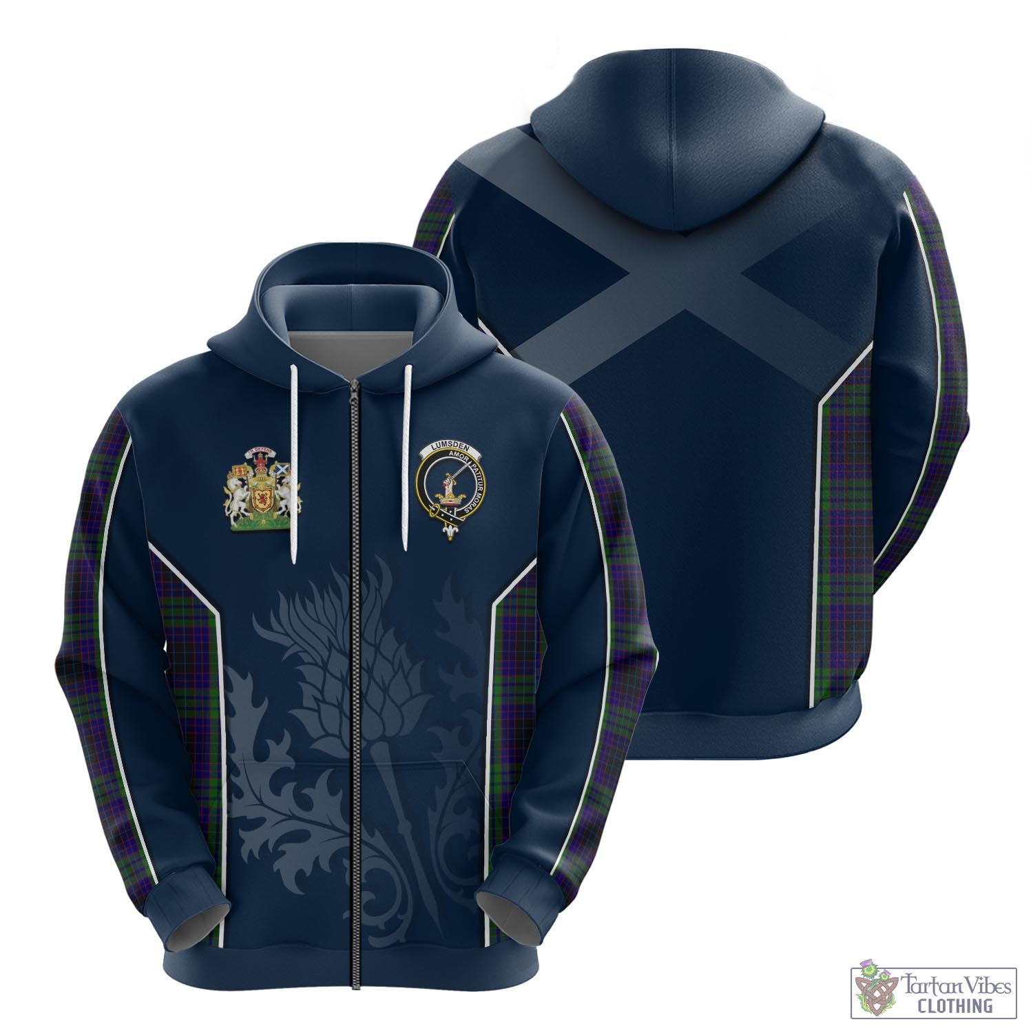 Tartan Vibes Clothing Lumsden Green Tartan Hoodie with Family Crest and Scottish Thistle Vibes Sport Style