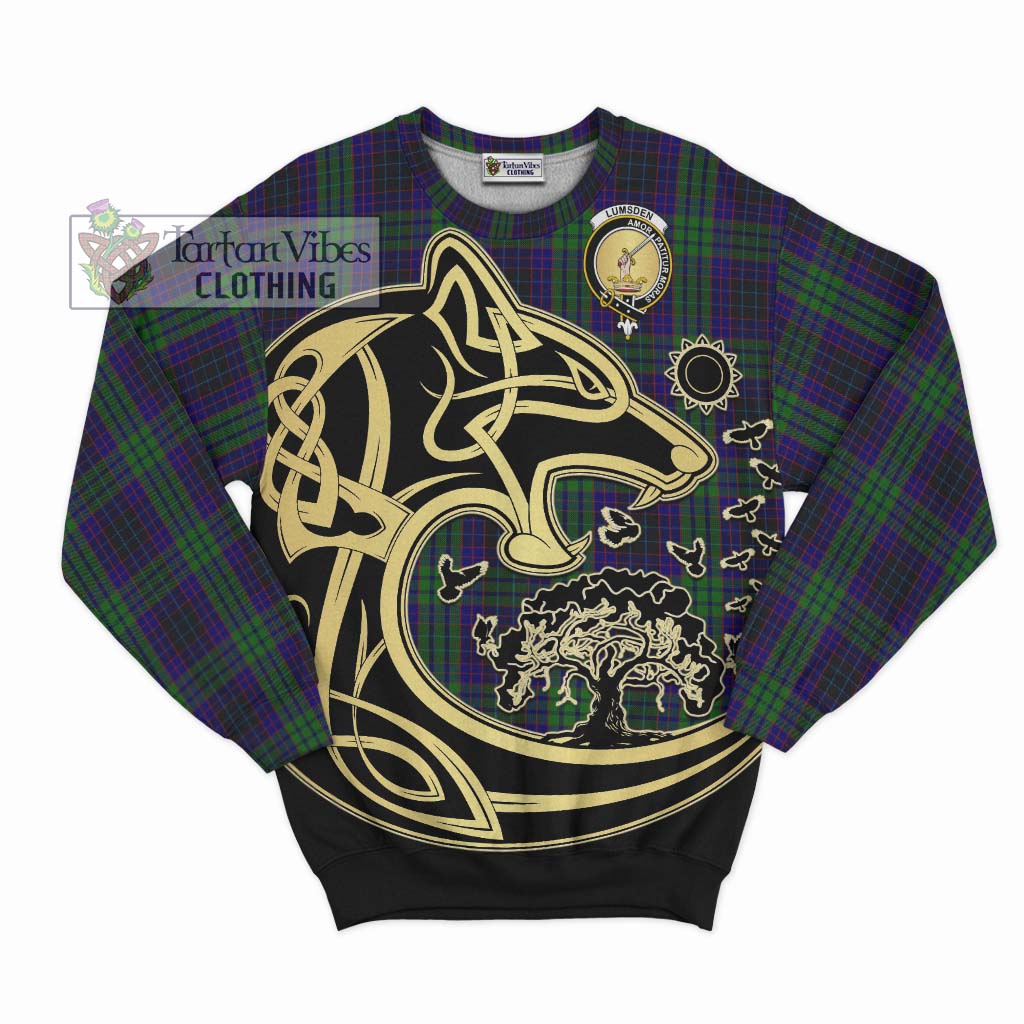 Tartan Vibes Clothing Lumsden Green Tartan Sweatshirt with Family Crest Celtic Wolf Style