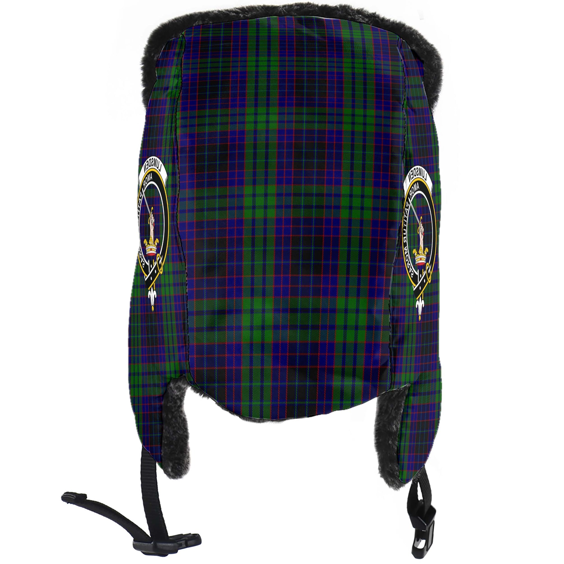 Lumsden Green Tartan Winter Trapper Hat with Family Crest - Tartanvibesclothing