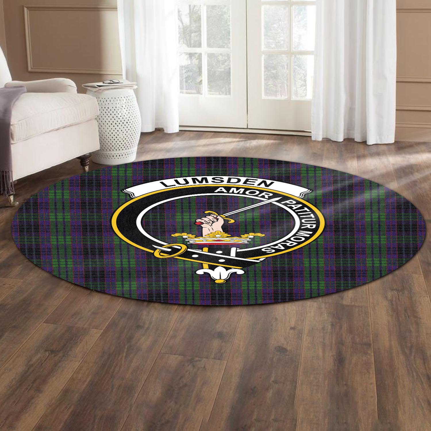 lumsden-green-tartan-round-rug-with-family-crest