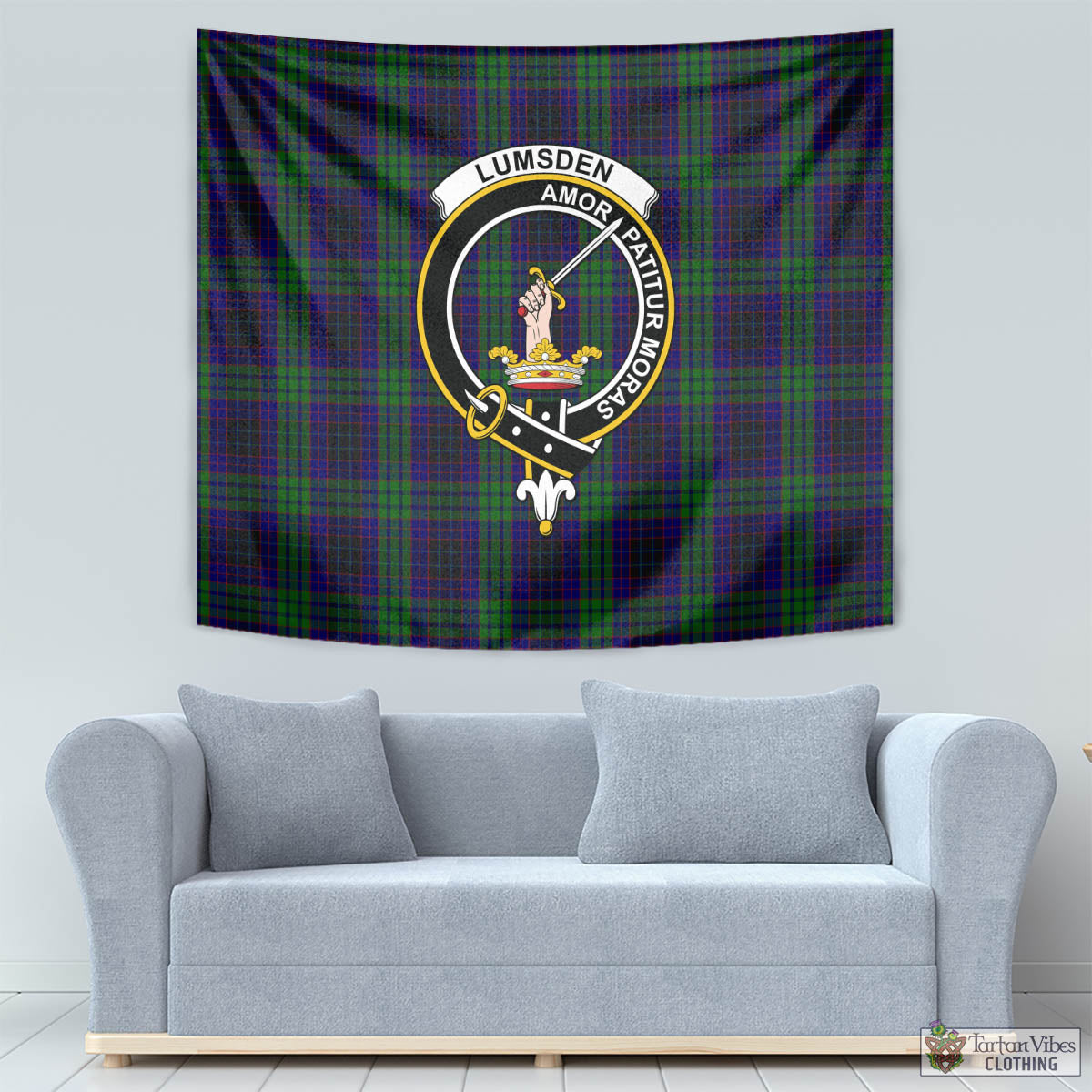 Tartan Vibes Clothing Lumsden Green Tartan Tapestry Wall Hanging and Home Decor for Room with Family Crest