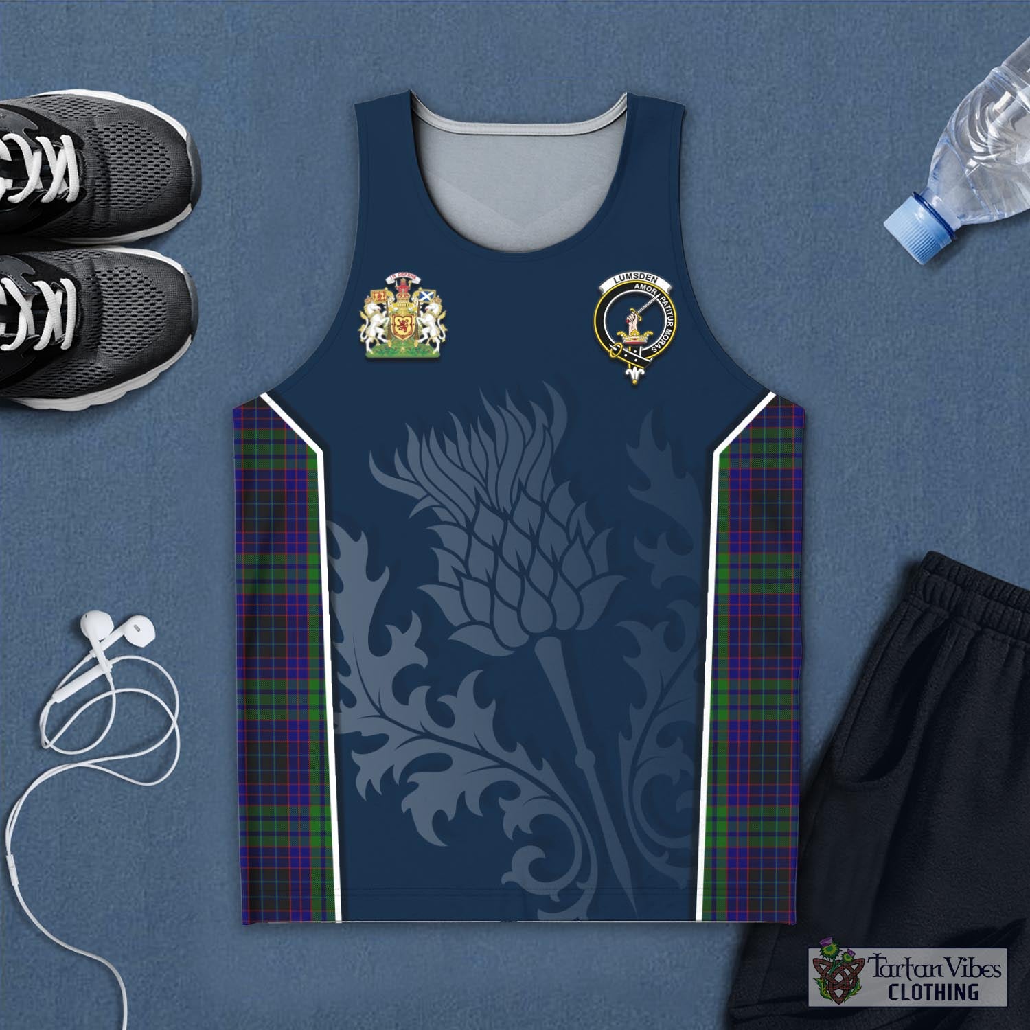 Tartan Vibes Clothing Lumsden Green Tartan Men's Tanks Top with Family Crest and Scottish Thistle Vibes Sport Style