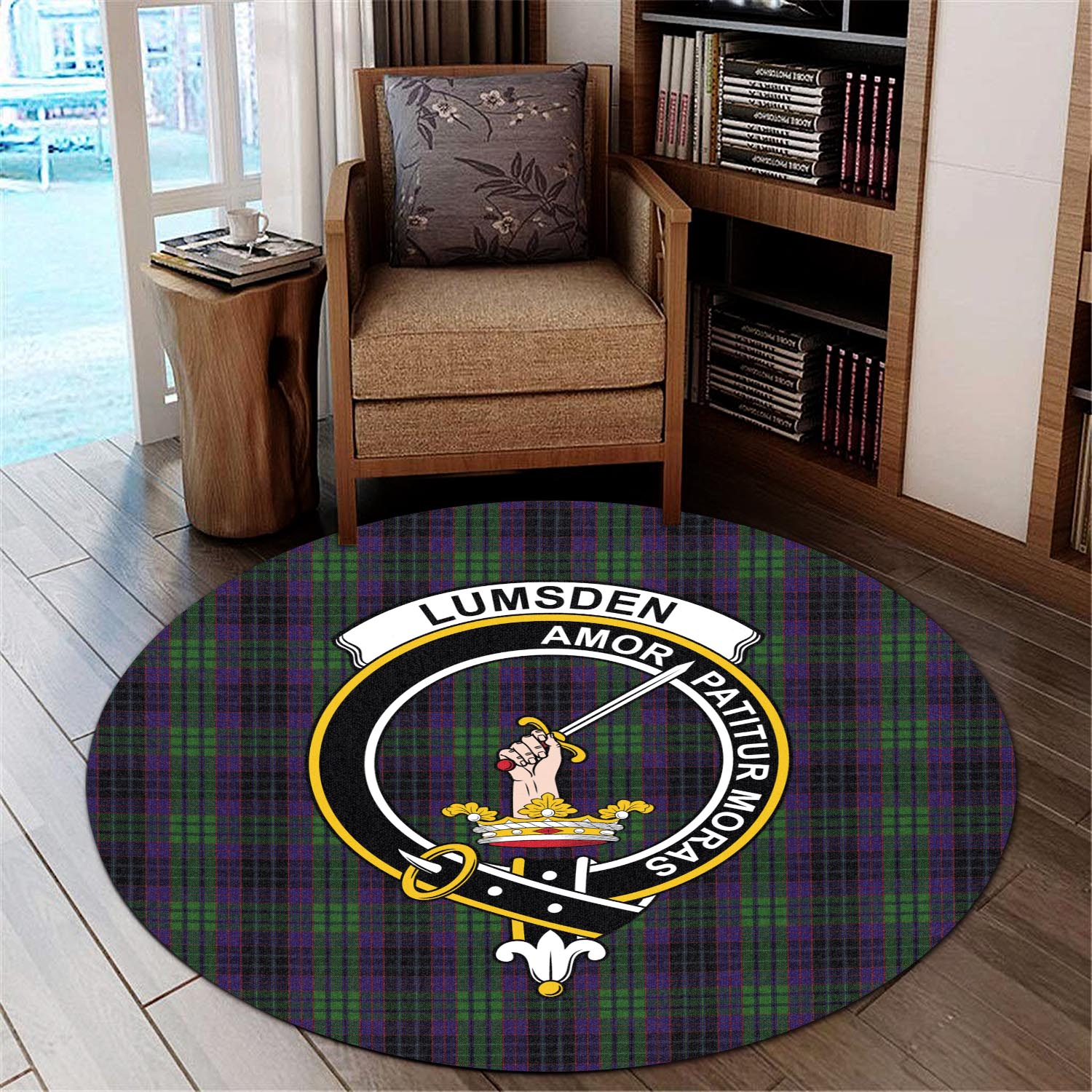 lumsden-green-tartan-round-rug-with-family-crest