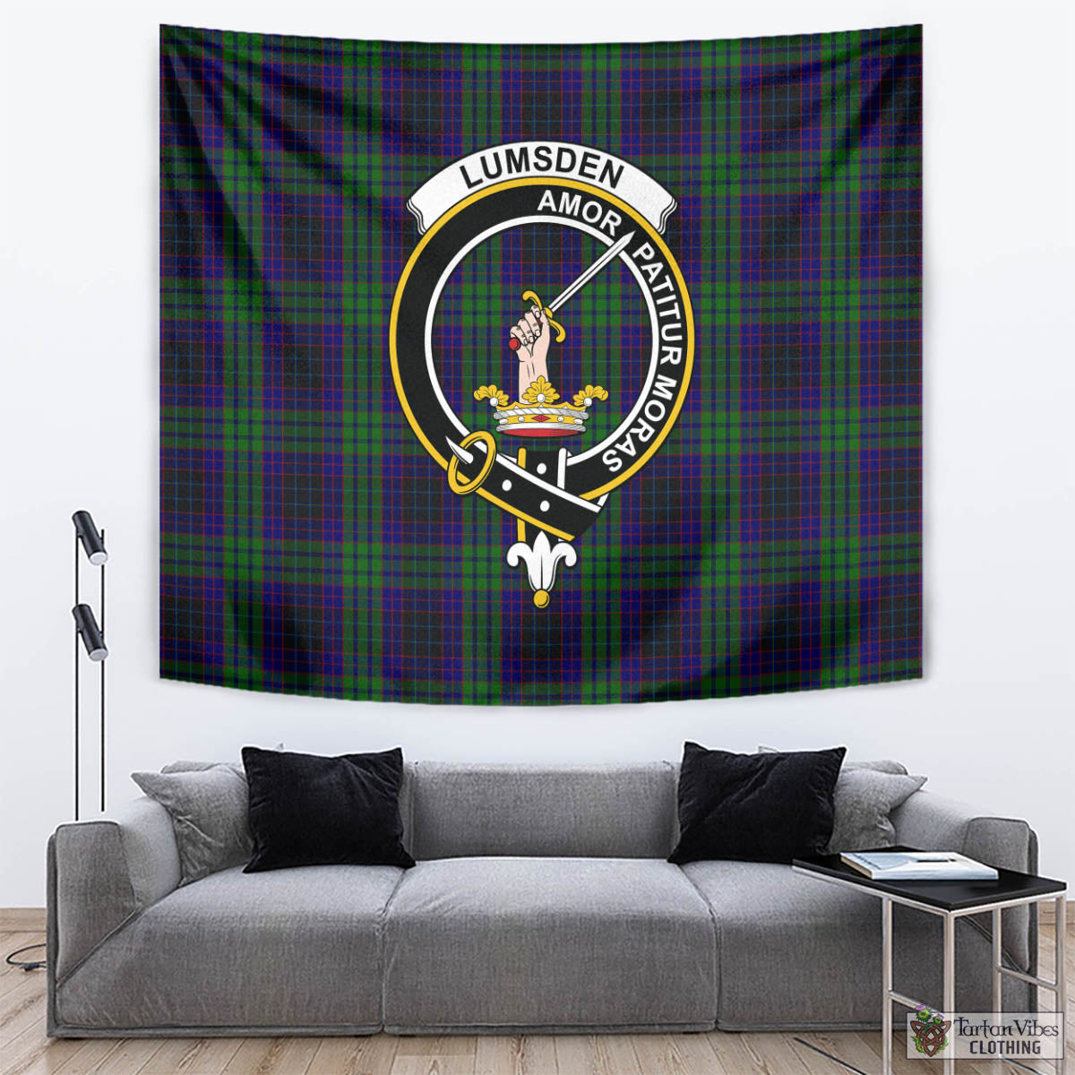 Tartan Vibes Clothing Lumsden Green Tartan Tapestry Wall Hanging and Home Decor for Room with Family Crest