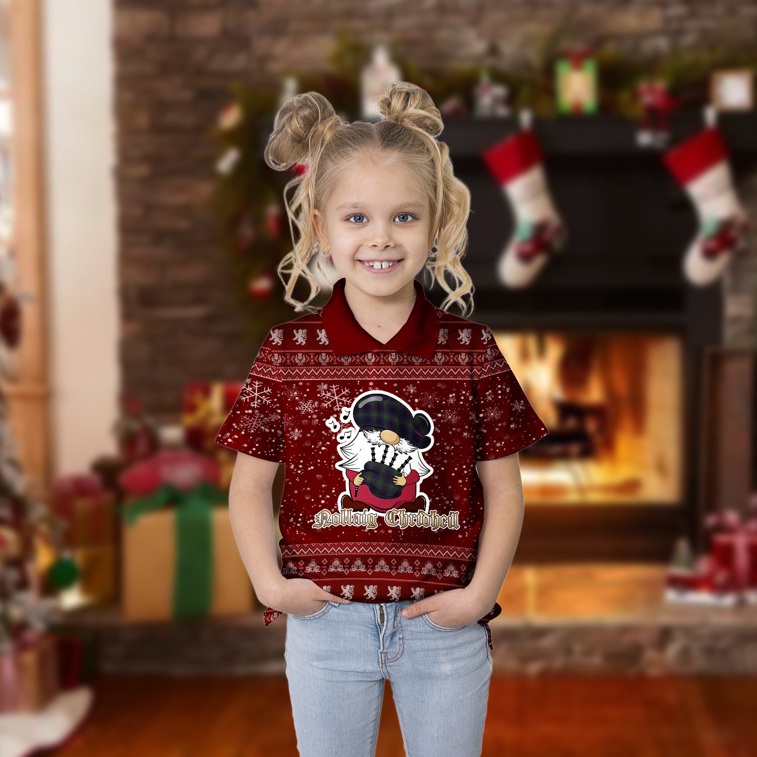 Lumsden Hunting Clan Christmas Family Polo Shirt with Funny Gnome Playing Bagpipes Kid's Polo Shirt Red - Tartanvibesclothing