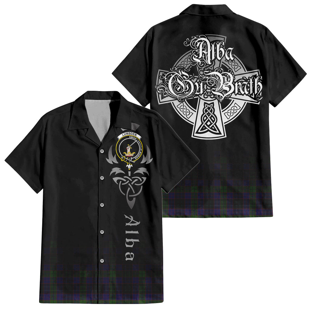 Tartan Vibes Clothing Lumsden Hunting Tartan Short Sleeve Button Up Featuring Alba Gu Brath Family Crest Celtic Inspired