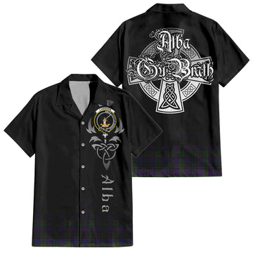 Lumsden Hunting Tartan Short Sleeve Button Up Shirt Featuring Alba Gu Brath Family Crest Celtic Inspired