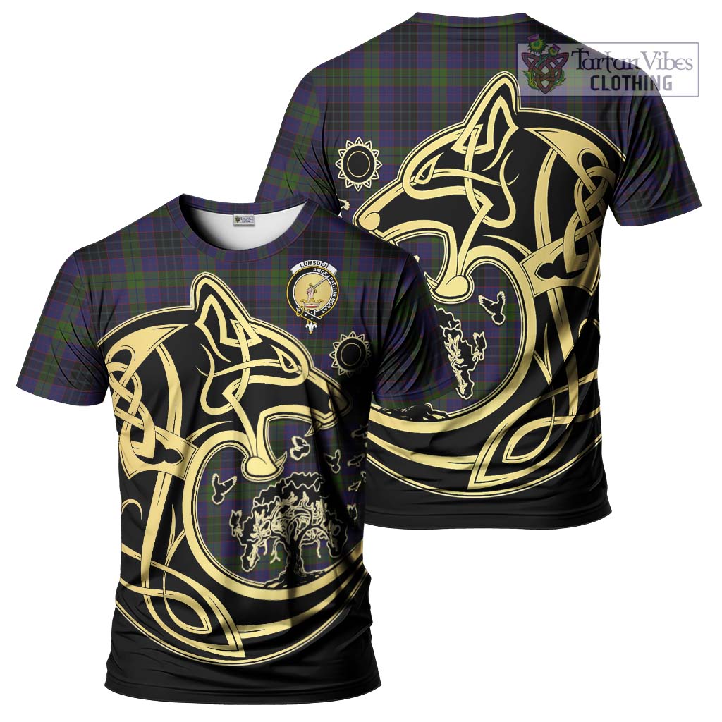 Tartan Vibes Clothing Lumsden Hunting Tartan T-Shirt with Family Crest Celtic Wolf Style