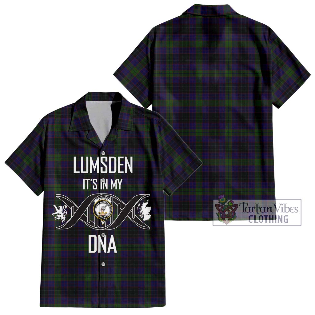 Tartan Vibes Clothing Lumsden Hunting Tartan Short Sleeve Button Shirt with Family Crest DNA In Me Style