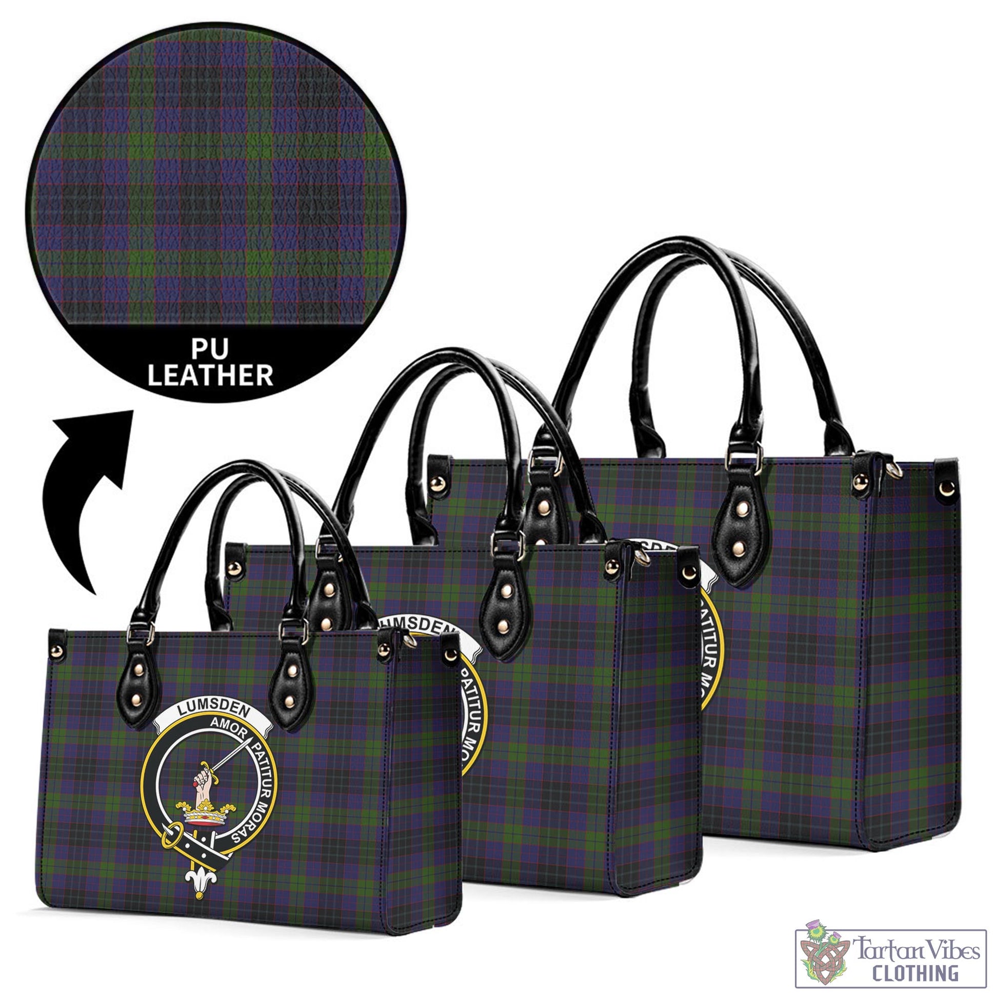 Tartan Vibes Clothing Lumsden Hunting Tartan Luxury Leather Handbags with Family Crest