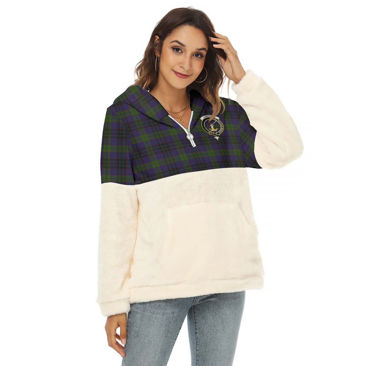 Lumsden Hunting Tartan Women's Borg Fleece Hoodie With Half Zip with Family Crest Female - Tartan Vibes Clothing