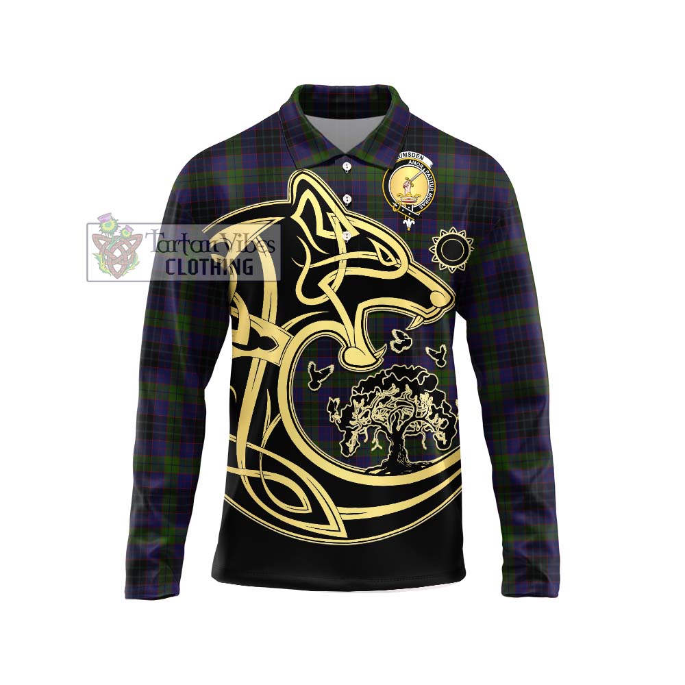 Tartan Vibes Clothing Lumsden Hunting Tartan Long Sleeve Polo Shirt with Family Crest Celtic Wolf Style