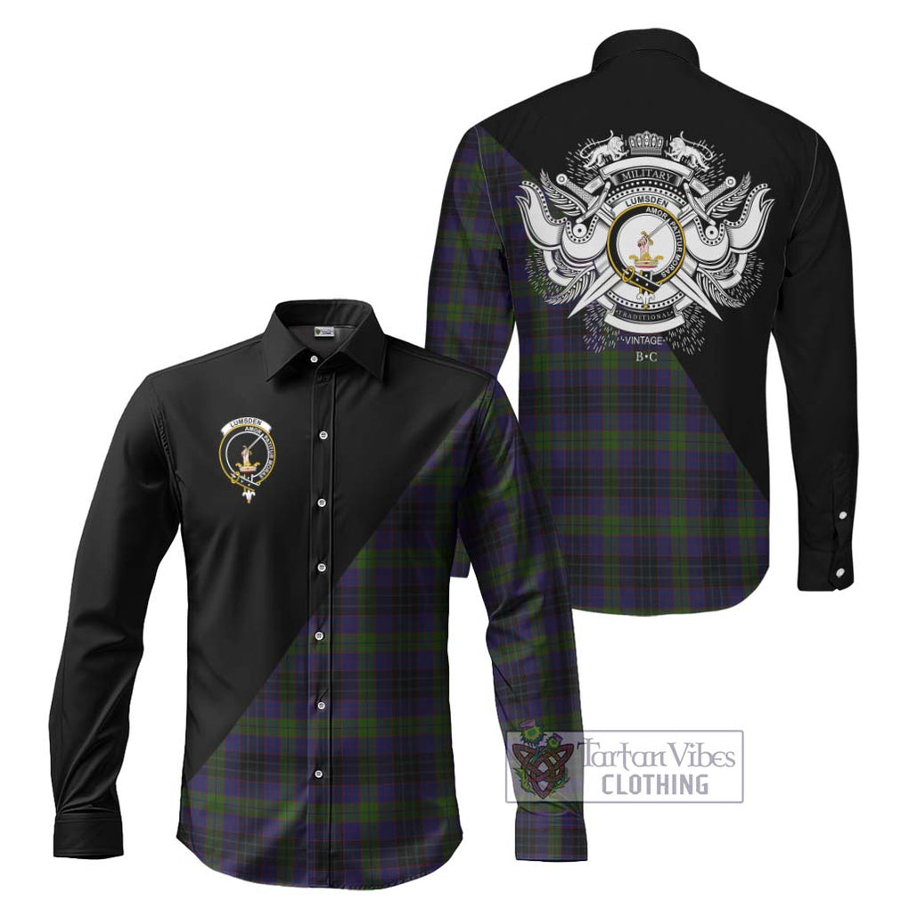 Lumsden Hunting Tartan Long Sleeve Button Shirt with Family Crest and Military Logo Style Men's Shirt S - Tartanvibesclothing Shop