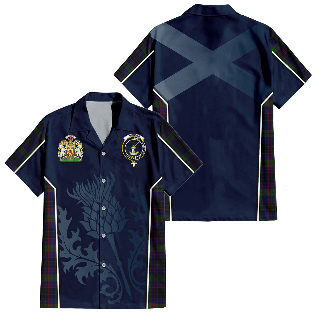 Tartan Vibes Clothing Lumsden Hunting Tartan Short Sleeve Button Up Shirt with Family Crest and Scottish Thistle Vibes Sport Style