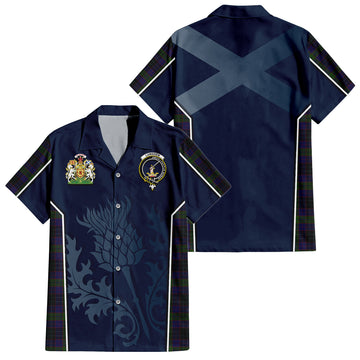Lumsden Hunting Tartan Short Sleeve Button Up Shirt with Family Crest and Scottish Thistle Vibes Sport Style