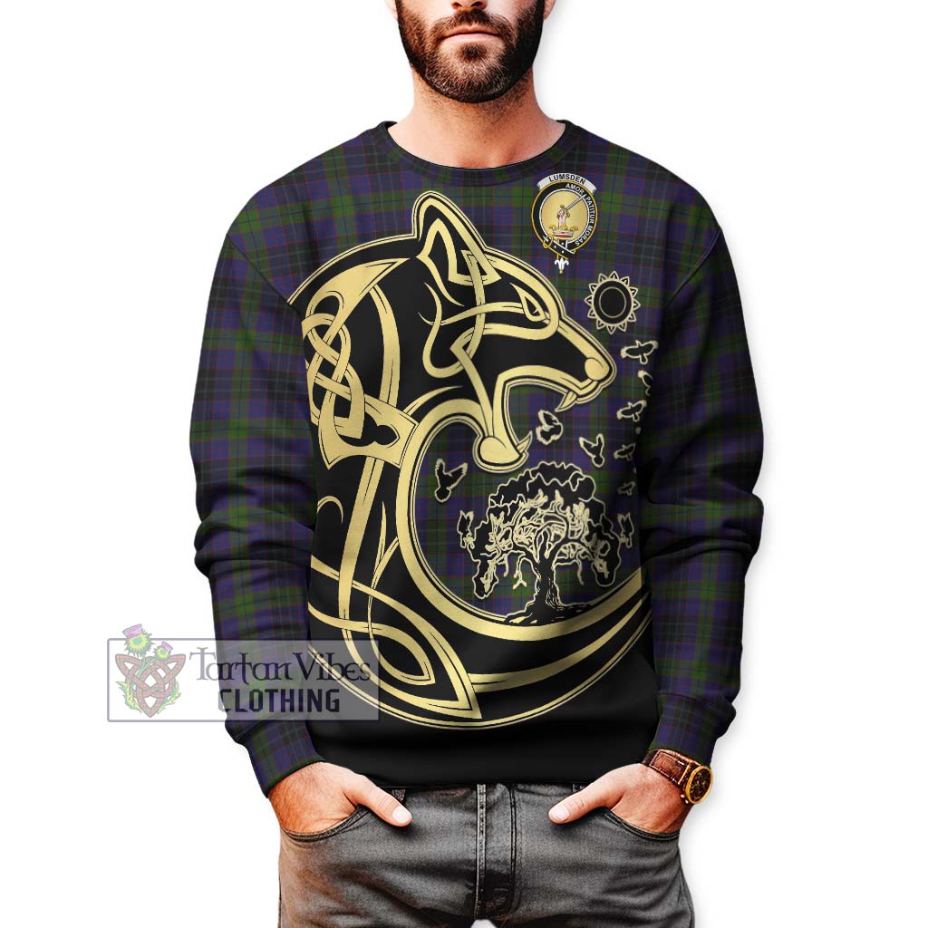 Tartan Vibes Clothing Lumsden Hunting Tartan Sweatshirt with Family Crest Celtic Wolf Style