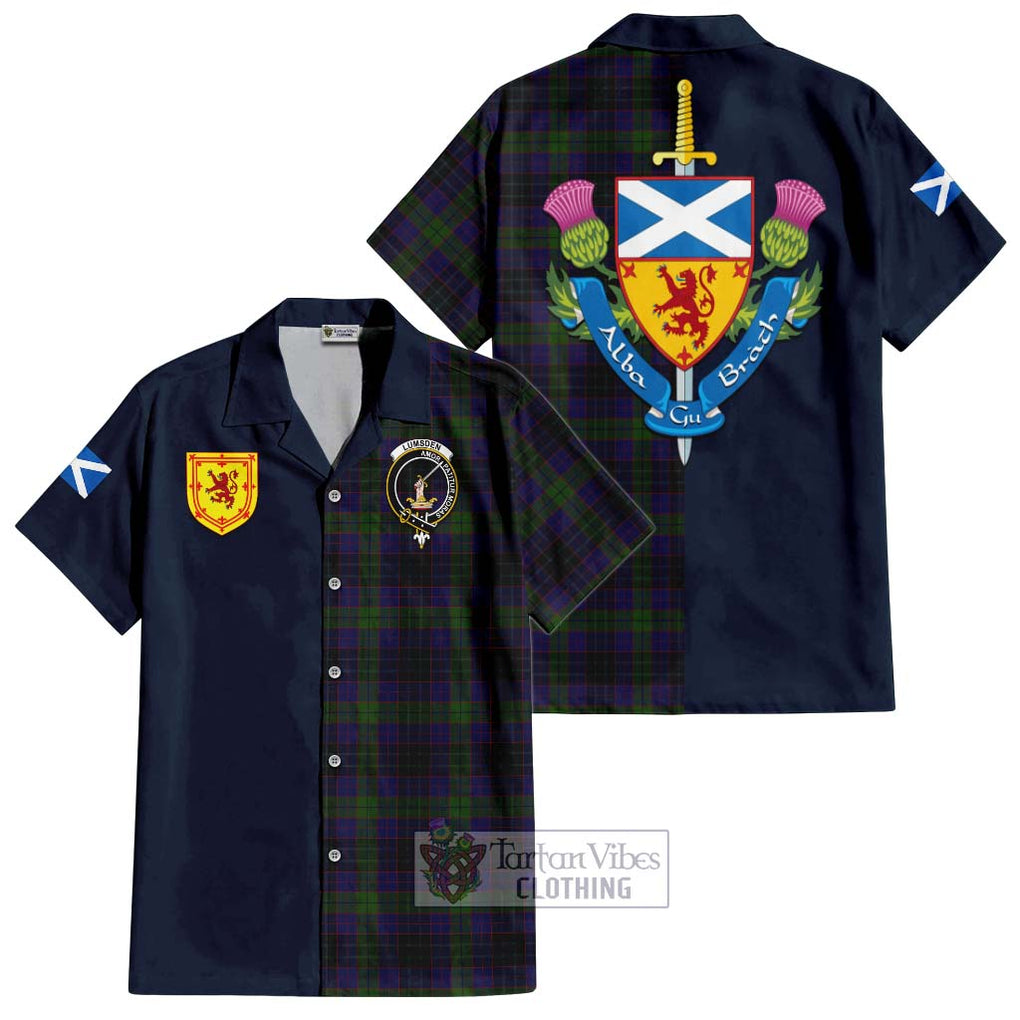 Tartan Vibes Clothing Lumsden Hunting Tartan Short Sleeve Button Shirt with Scottish Lion Royal Arm Half Style