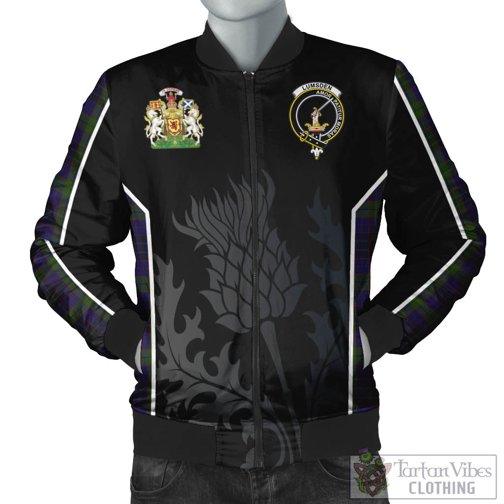 Tartan Vibes Clothing Lumsden Hunting Tartan Bomber Jacket with Family Crest and Scottish Thistle Vibes Sport Style