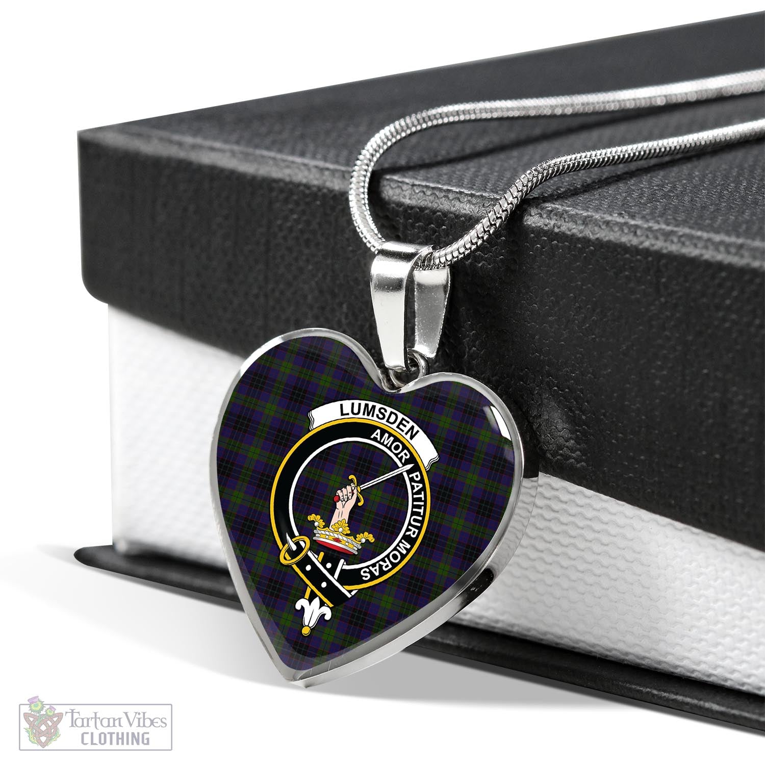 Tartan Vibes Clothing Lumsden Hunting Tartan Heart Necklace with Family Crest