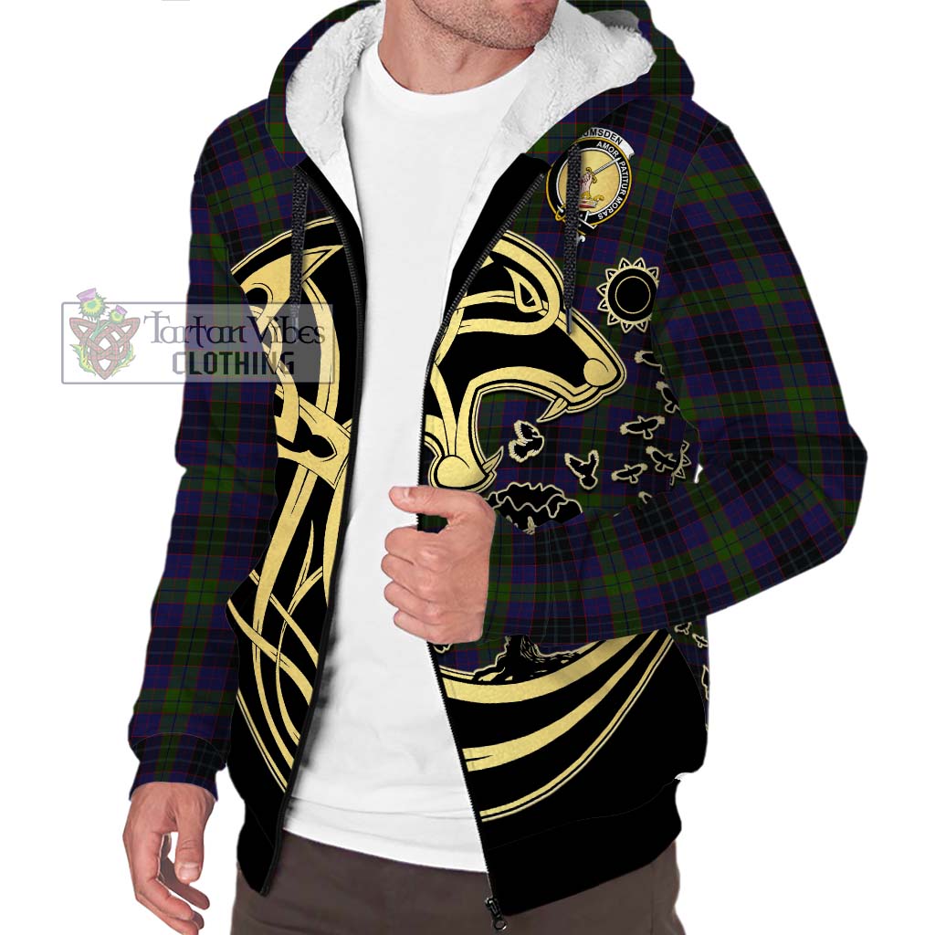 Tartan Vibes Clothing Lumsden Hunting Tartan Sherpa Hoodie with Family Crest Celtic Wolf Style