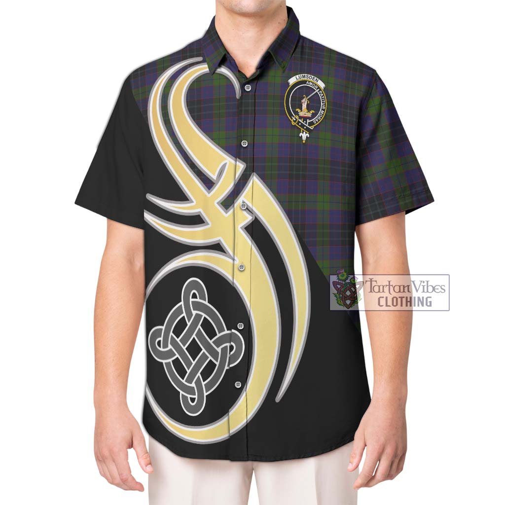 Lumsden Hunting Tartan Short Sleeve Button Shirt with Family Crest and Celtic Symbol Style Kid - Tartan Vibes Clothing