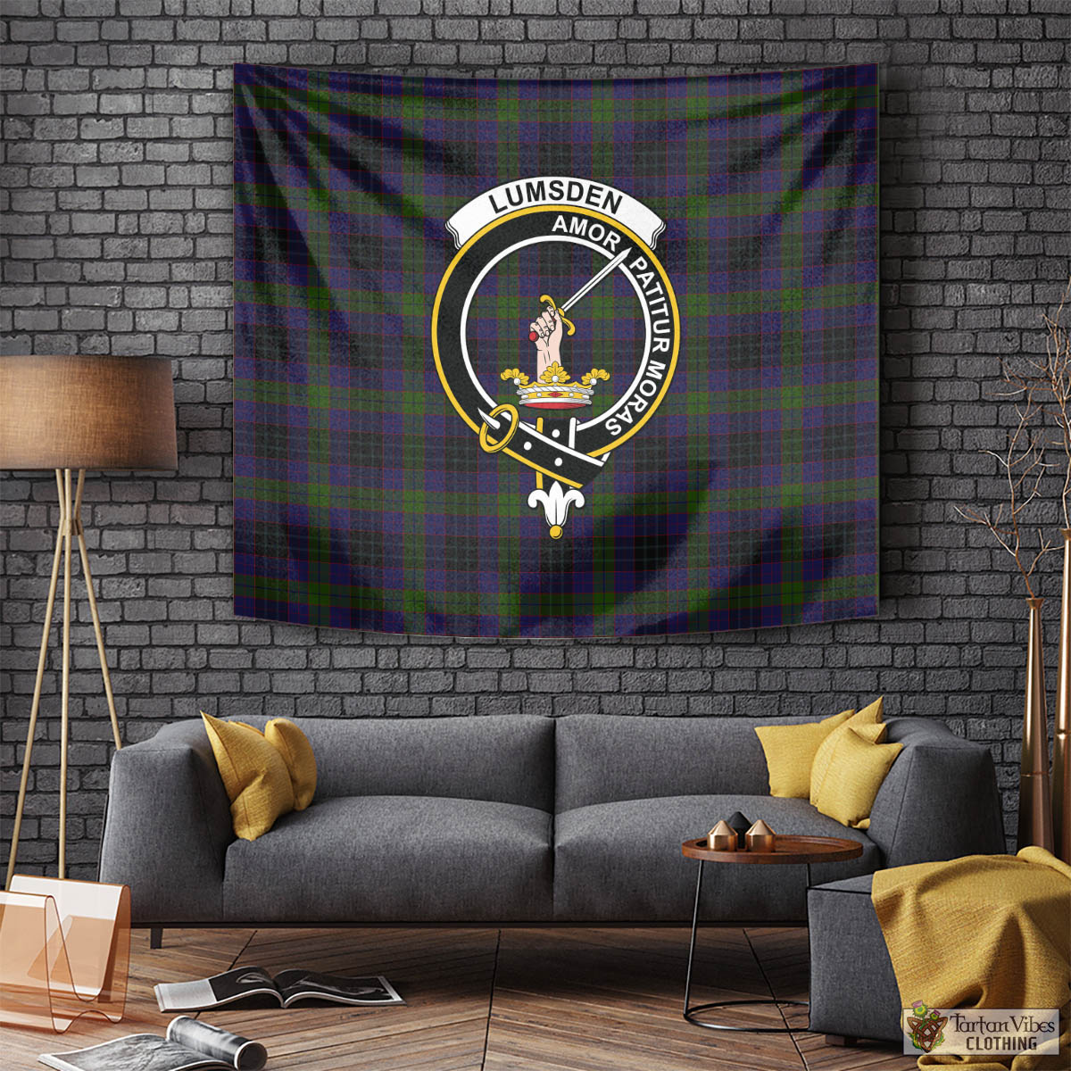 Tartan Vibes Clothing Lumsden Hunting Tartan Tapestry Wall Hanging and Home Decor for Room with Family Crest